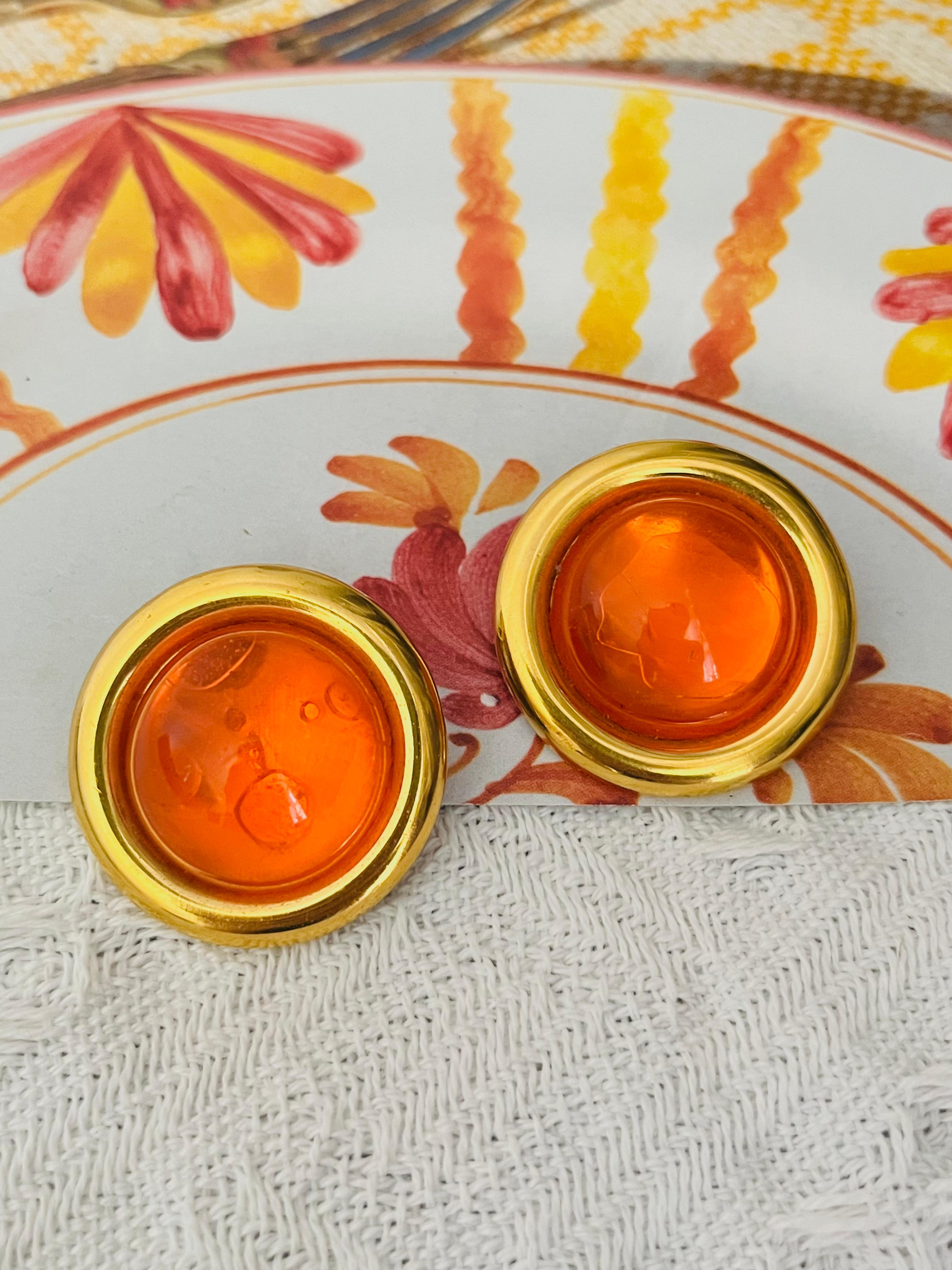 Celine 1992 Vintage Large Citrine Orange Cabochon Jelly Belly Circle Earrings In Good Condition For Sale In Wokingham, England