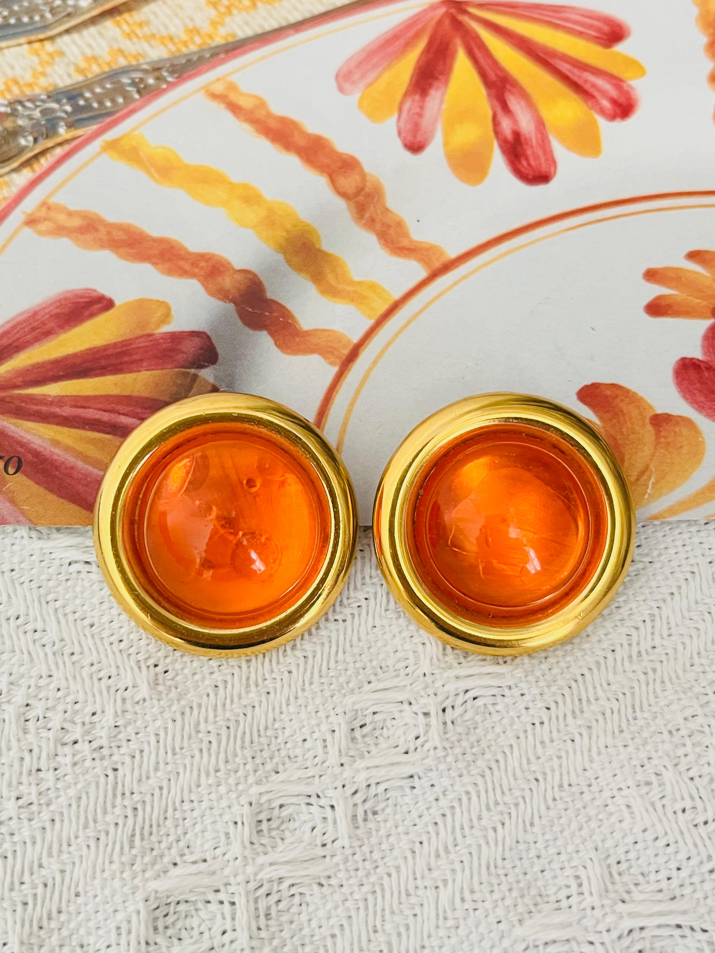 Women's Celine 1992 Vintage Large Citrine Orange Cabochon Jelly Belly Circle Earrings For Sale