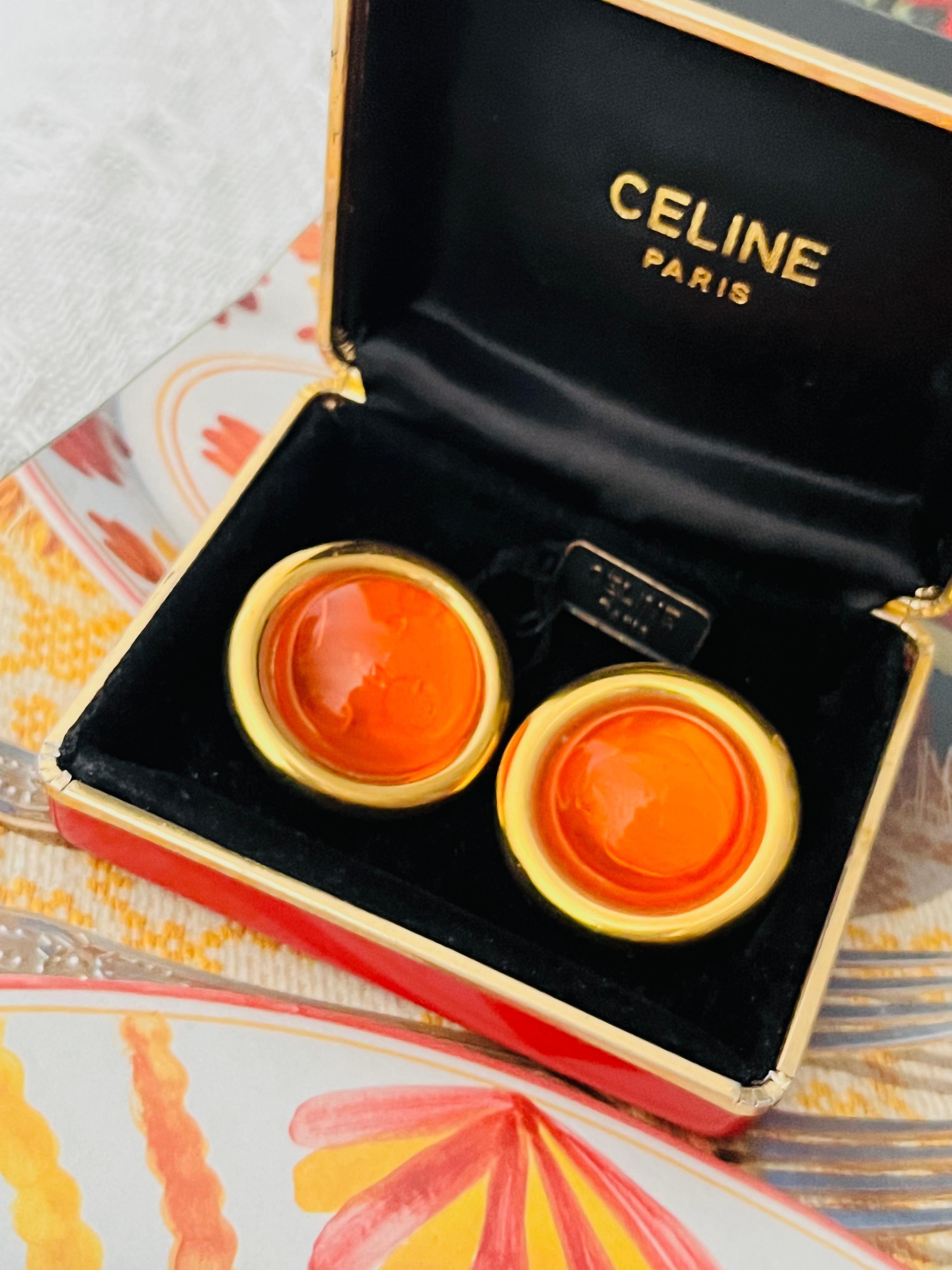 Celine 1992 Vintage Large Citrine Orange Cabochon Jelly Belly Circle Earrings For Sale 1