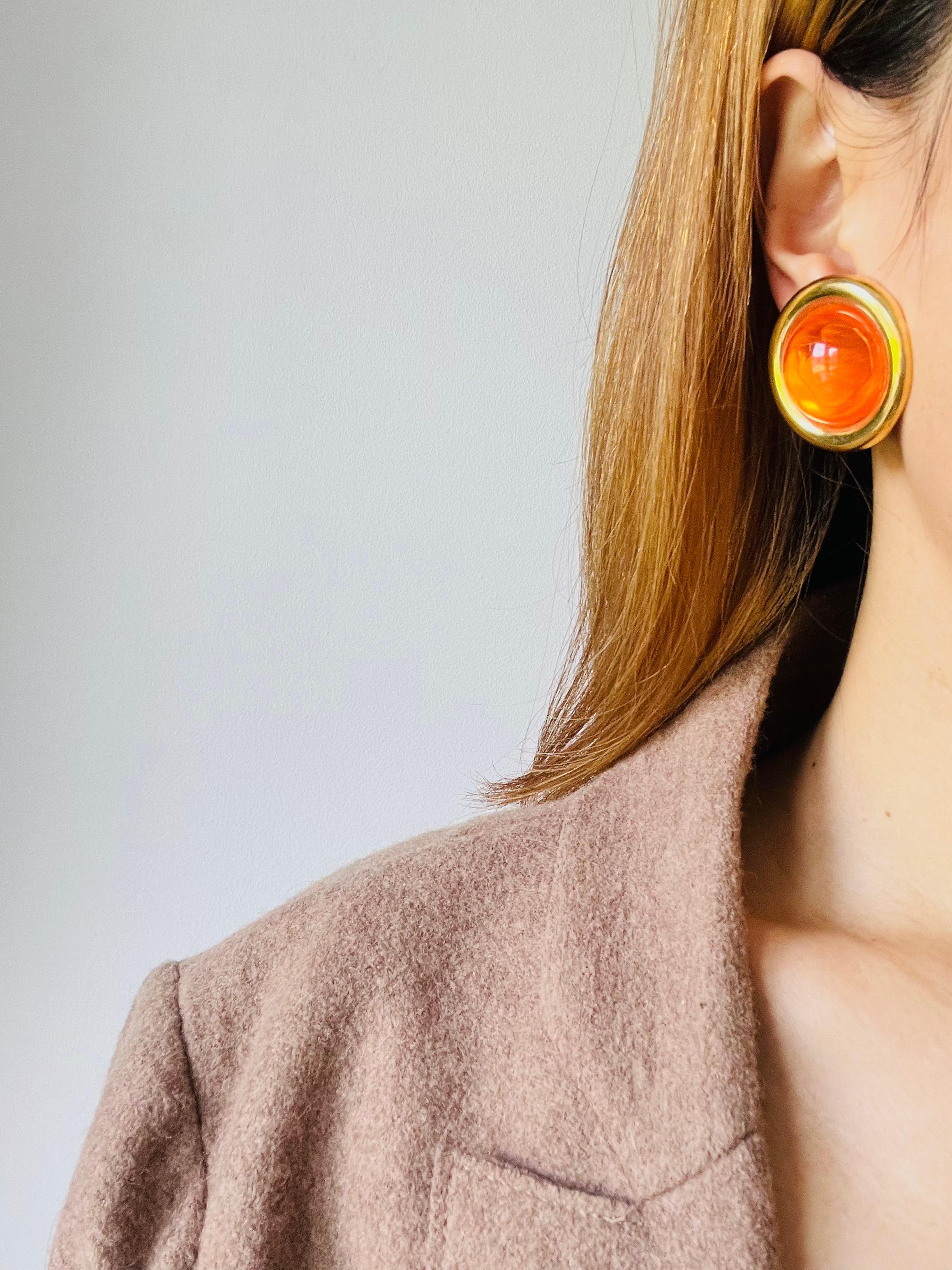 Celine 1992 Vintage Large Citrine Orange Cabochon Jelly Belly Circle Earrings For Sale 2
