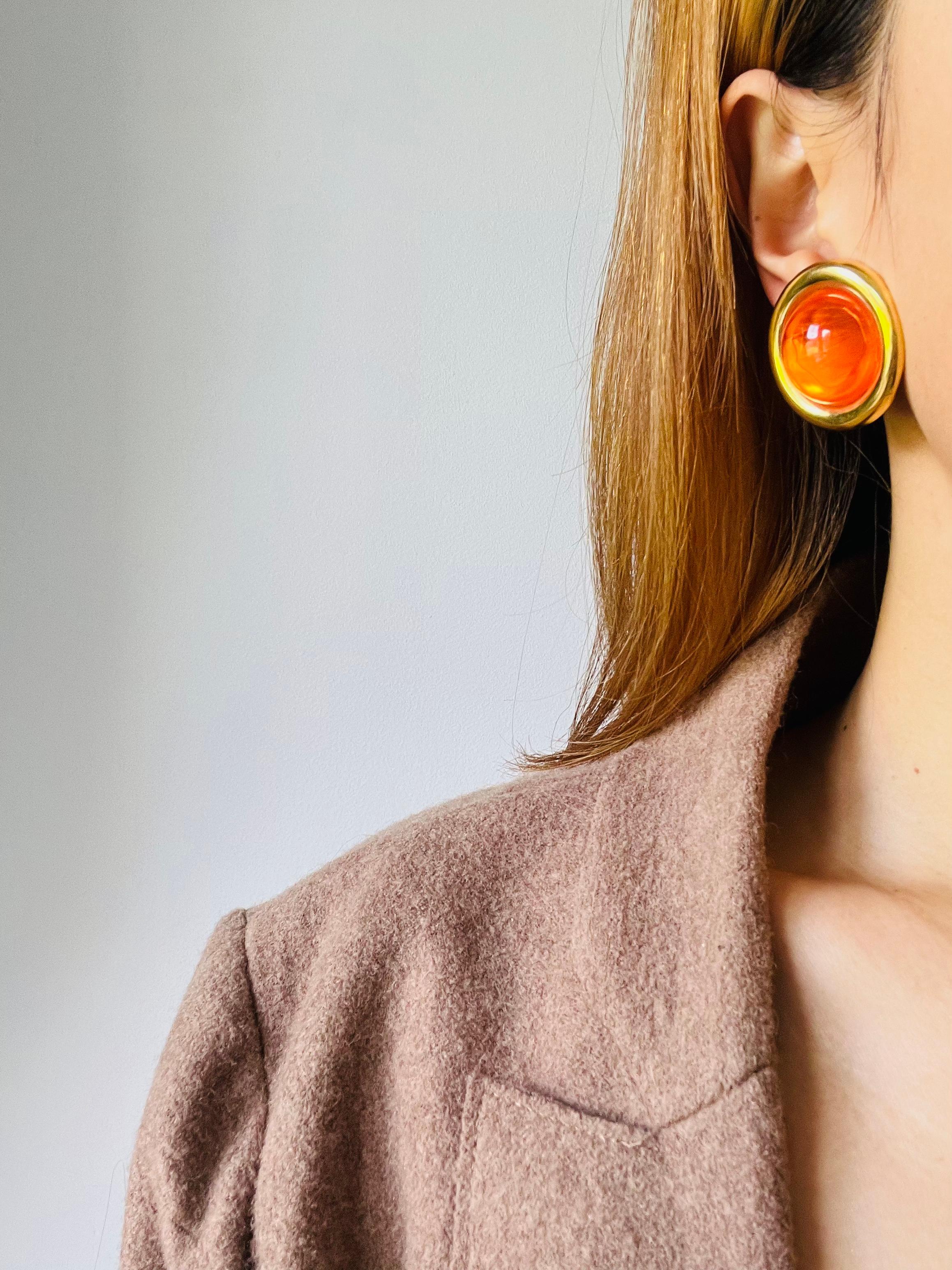Celine 1992 Vintage Large Citrine Orange Cabochon Jelly Belly Circle Earrings For Sale 3