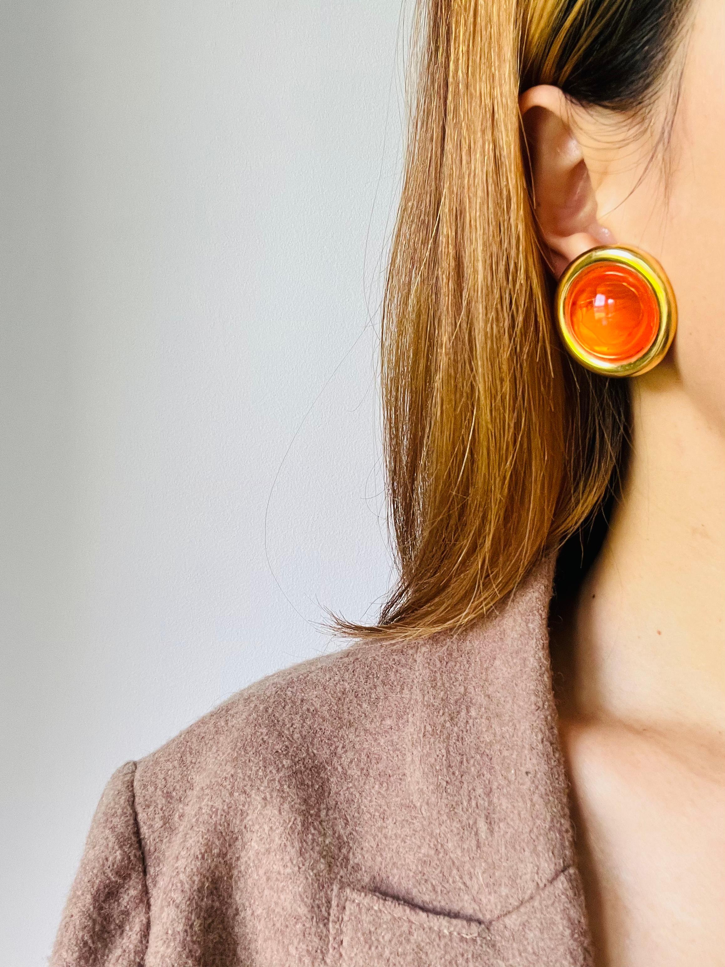 Celine 1992 Vintage Large Citrine Orange Cabochon Jelly Belly Circle Earrings For Sale 4