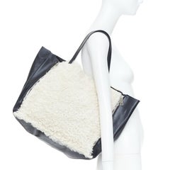 CELINE 2011 Vertical Gusset Cabas cream shearling black leather zip tote bag