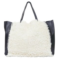 CELINE 2011 Vertical Gusset Cabas cream shearling black leather zip tote bag