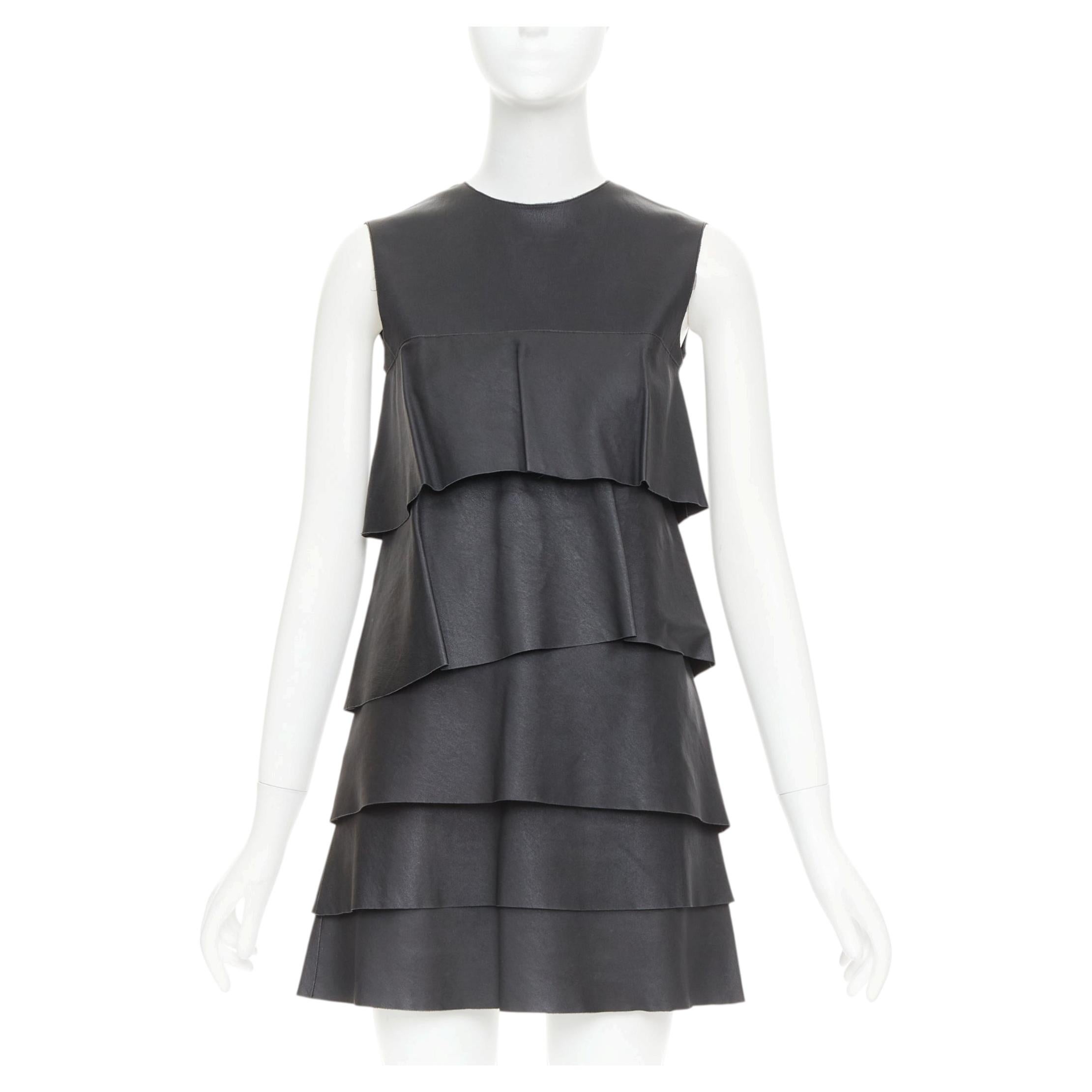 Celine 2014 Abito mini a balze in pelle di agnello nera di Phoebe Philo, taglia M