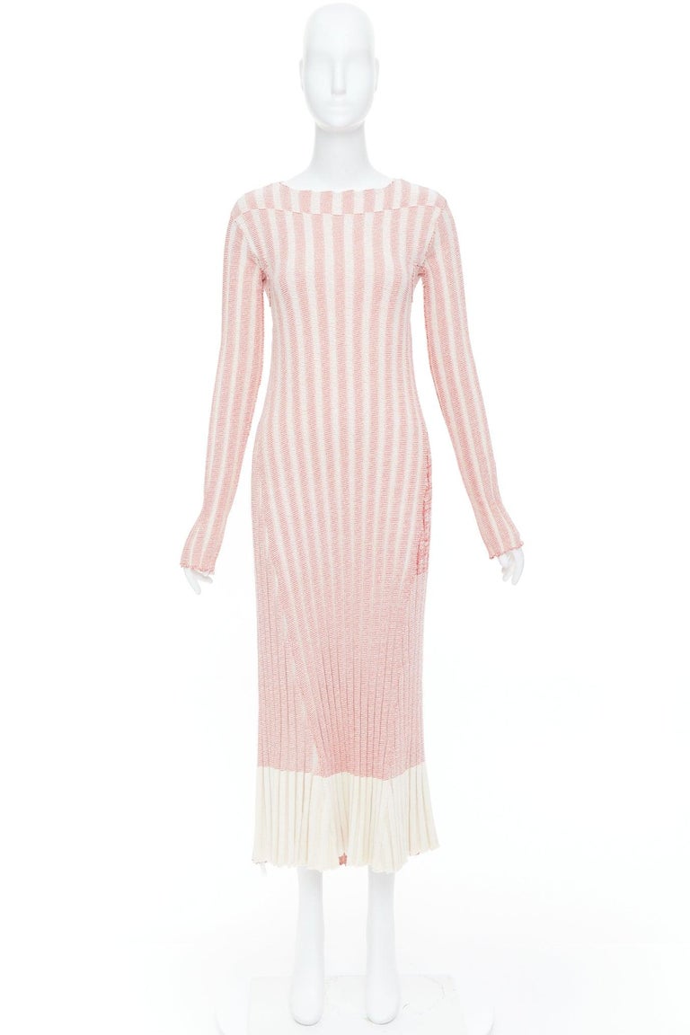 CELINE 2017 Phoebe Philo Runway pink red white striped cotton knit midi dress XS For Sale at 1stDibs