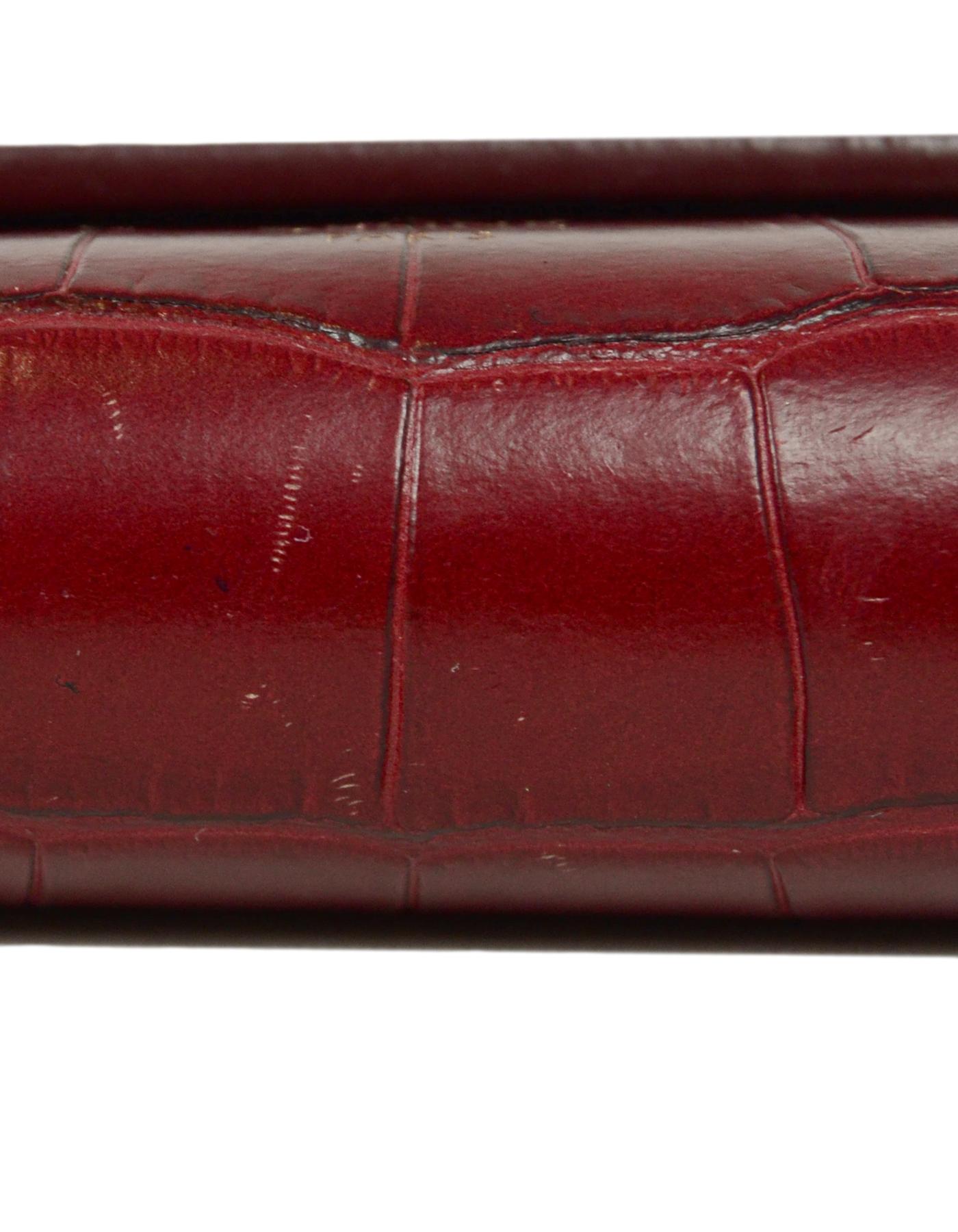 Celine 2019 Burgundy Embossed Croc Trifold Compact Wallet rt. $590 In Excellent Condition In New York, NY