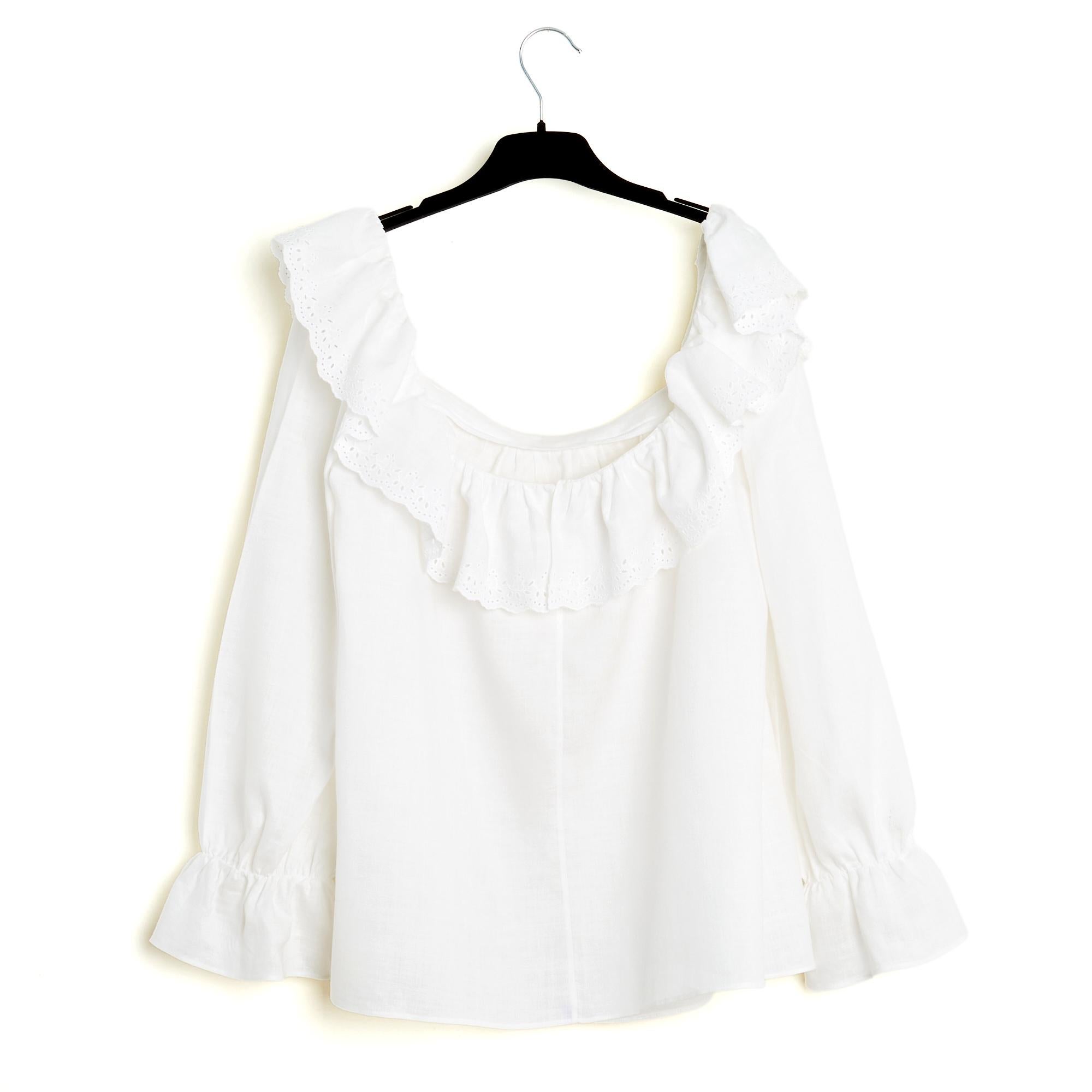 Celine 2020 Top FR40 White Linen ruffled blouse top UK12 US10 Céline For Sale 1