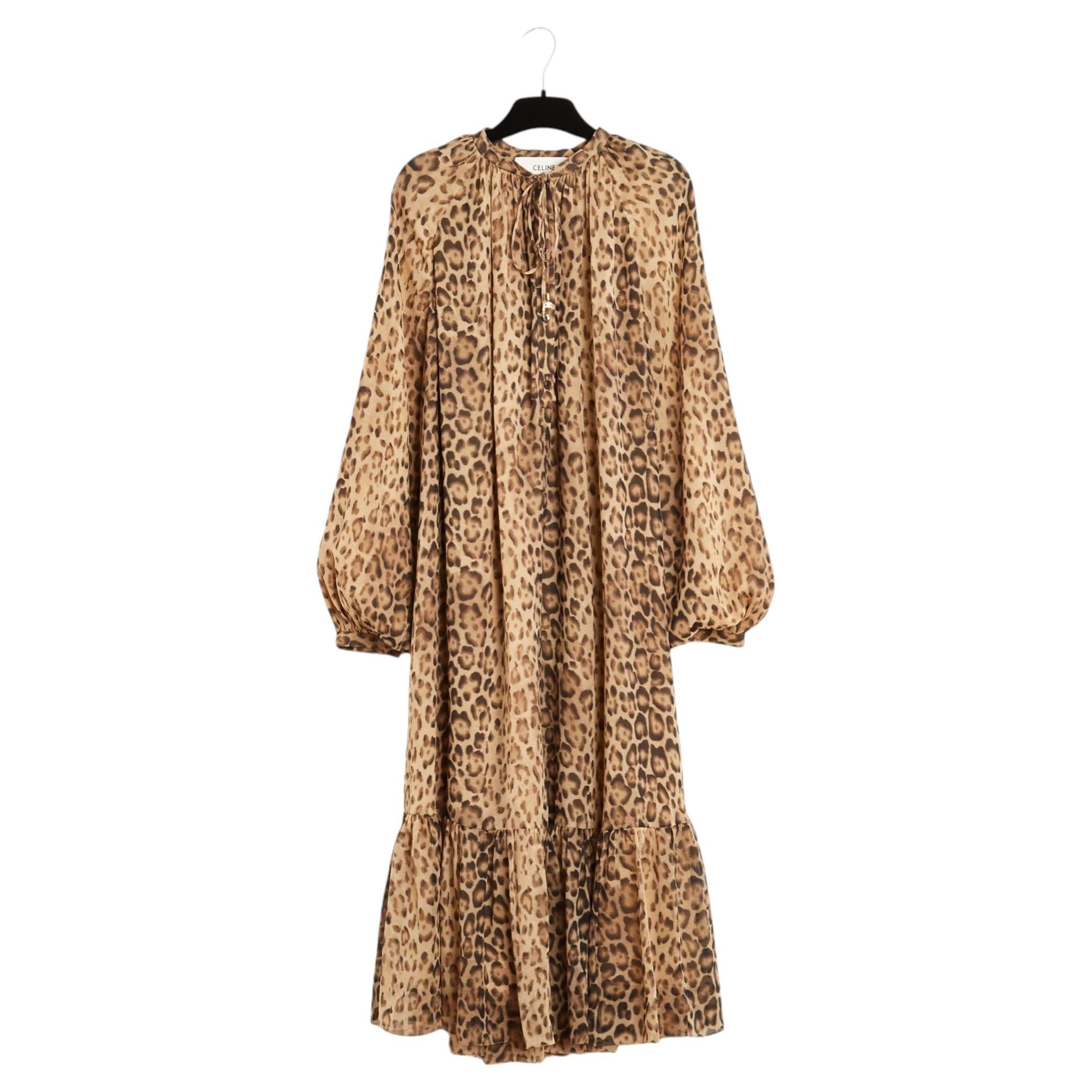 Celine 2020s Robe Leopard FR38 Hedi Slimane Silk Muslin Dress UK10 US8 Céline For Sale