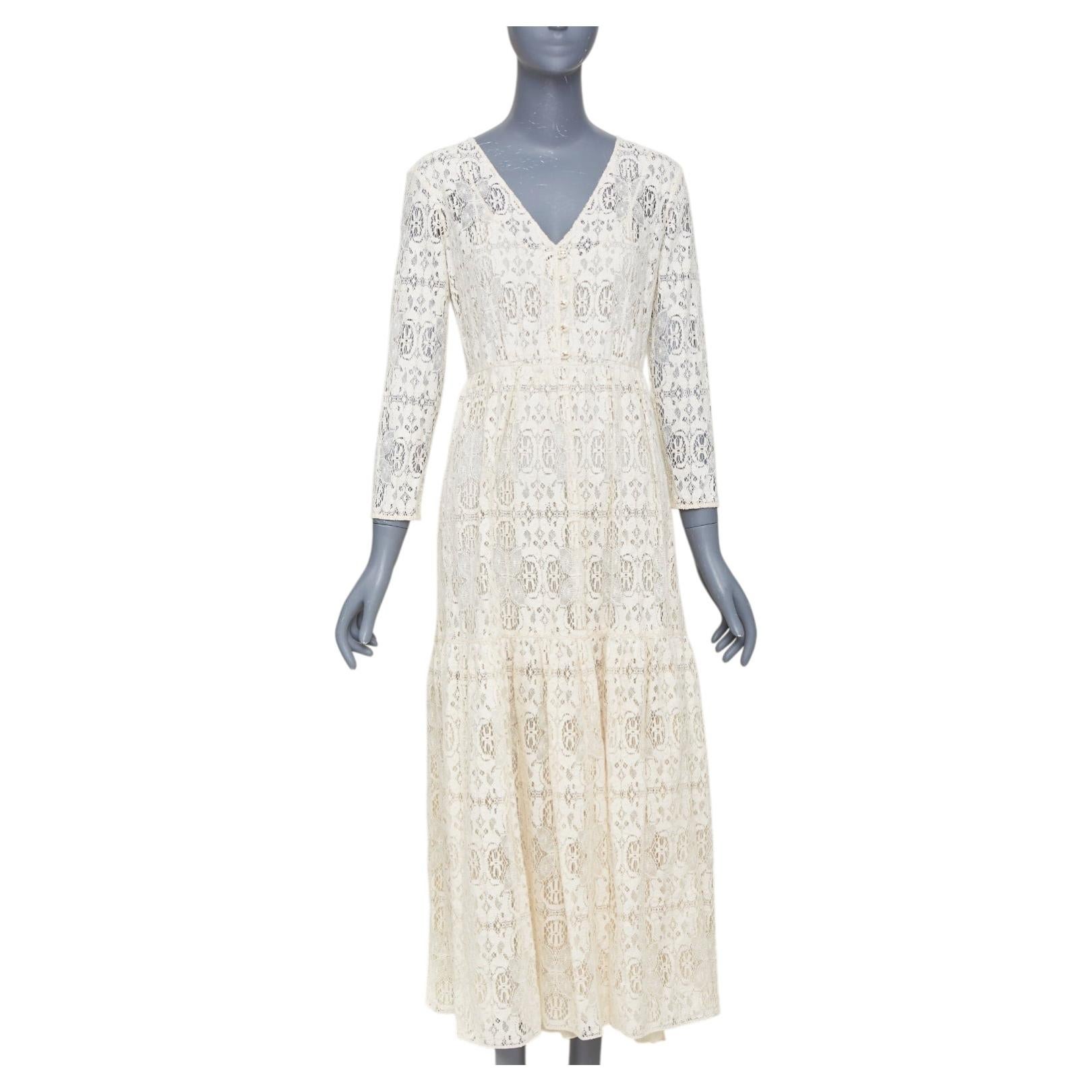 CELINE 2021 Bridal Triomphe button Vneck tiered embroidered florallace maxidress For Sale