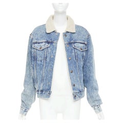 CELINE 2021 Hedi Slimane bleached denim cream shearling lined trucker jacket XS