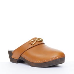 CELINE 2021 Runway Les Bois tan calfskin leather horsebit wood clogs EU38 US8