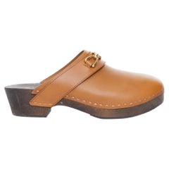 CELINE 2021 Runway Les Bois tan calfskin leather horsebit wood clogs EU38 US8