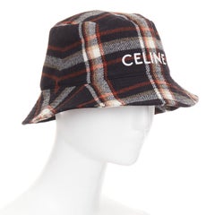 CELINE 2021 Runway Plaid Woven Bucket Hat black red wool logo cap M