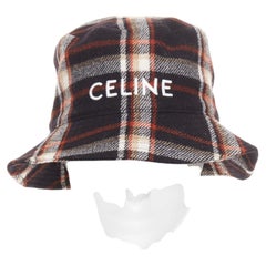 CELINE 2021 Runway Plaid Woven Bucket Hat black red wool logo cap M