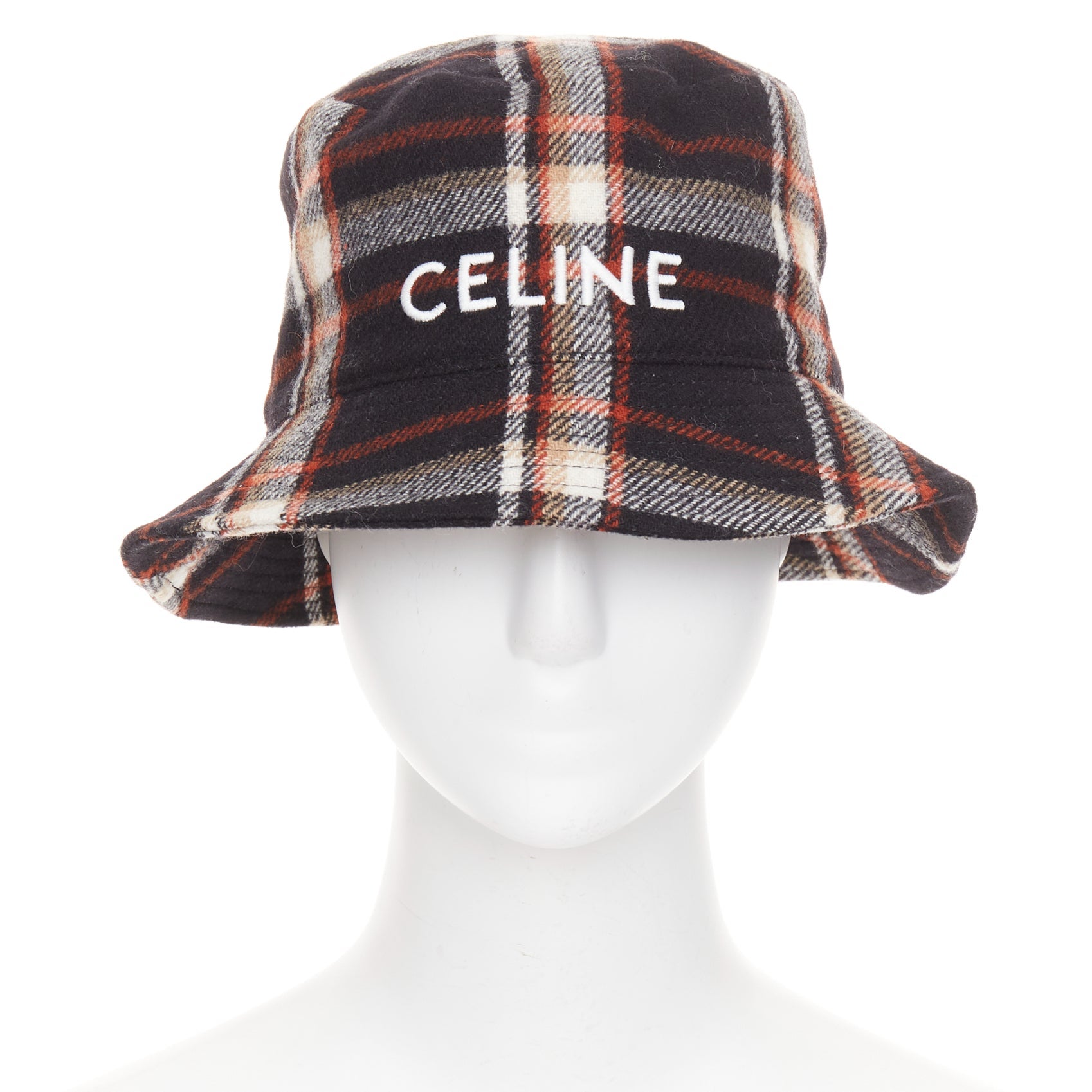 CELINE 2021 Runway Plaid Woven Bucket Hat black red wool logo cap M For Sale