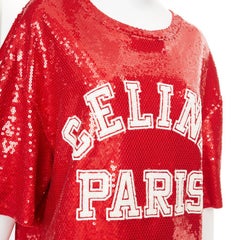 CELINE 2021 Runway red white sequin varsity logo oversized jersey tshirt S