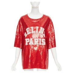 CELINE 2021 Runway red white sequin varsity logo oversized jersey tshirt S