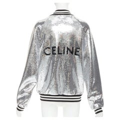 CELINE 2021 Runway silver sequin cotton white logo back teddy bomber jacket XS