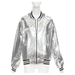 CELINE 2021 Runway silver sequin cotton white logo back teddy bomber jacket XS