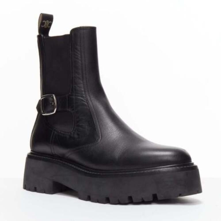 Black CELINE 2022 Bulky Chelsea black calfskin leather buckles biker boots EU39