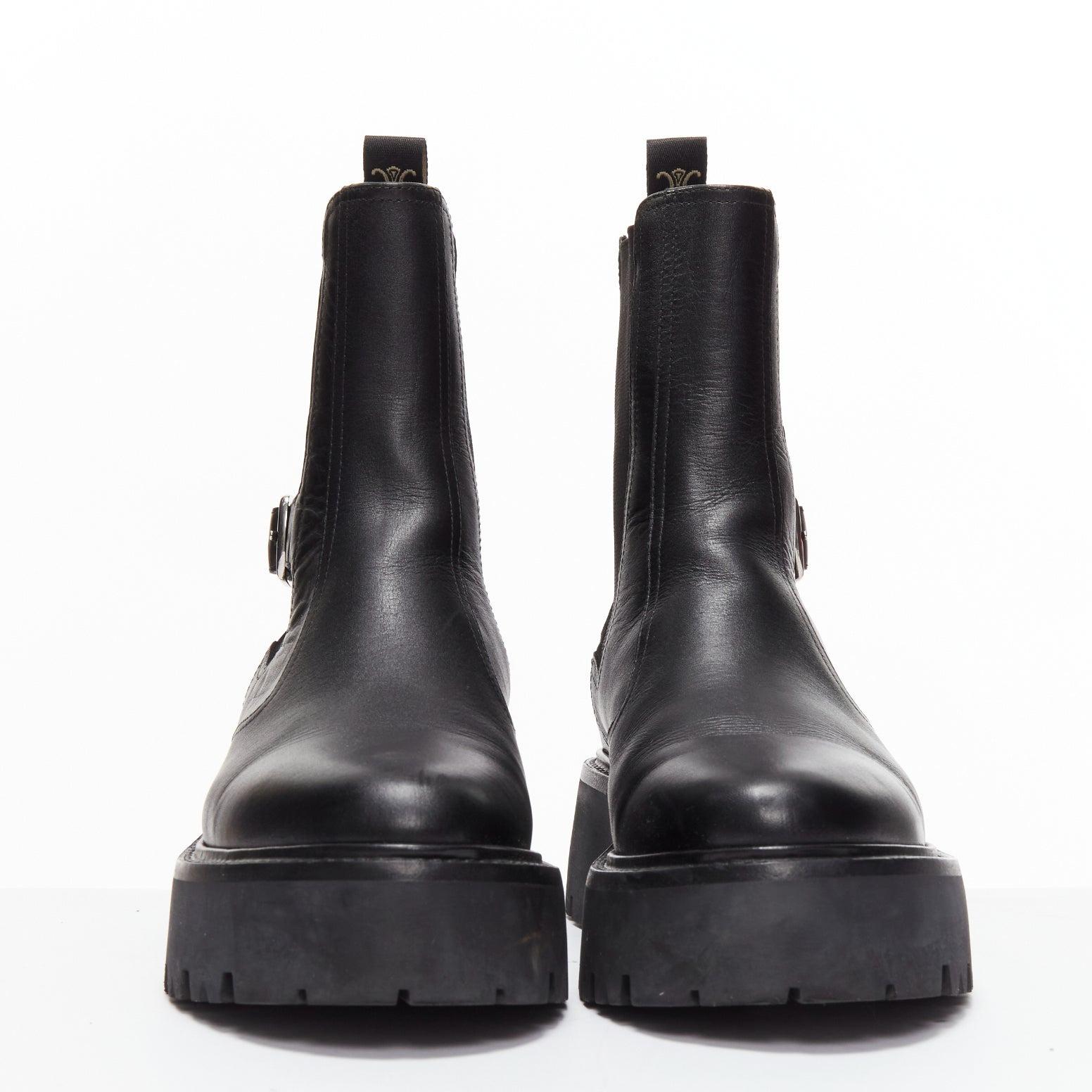 Black CELINE 2022 Bulky Chelsea black calfskin leather buckles biker boots EU39 For Sale