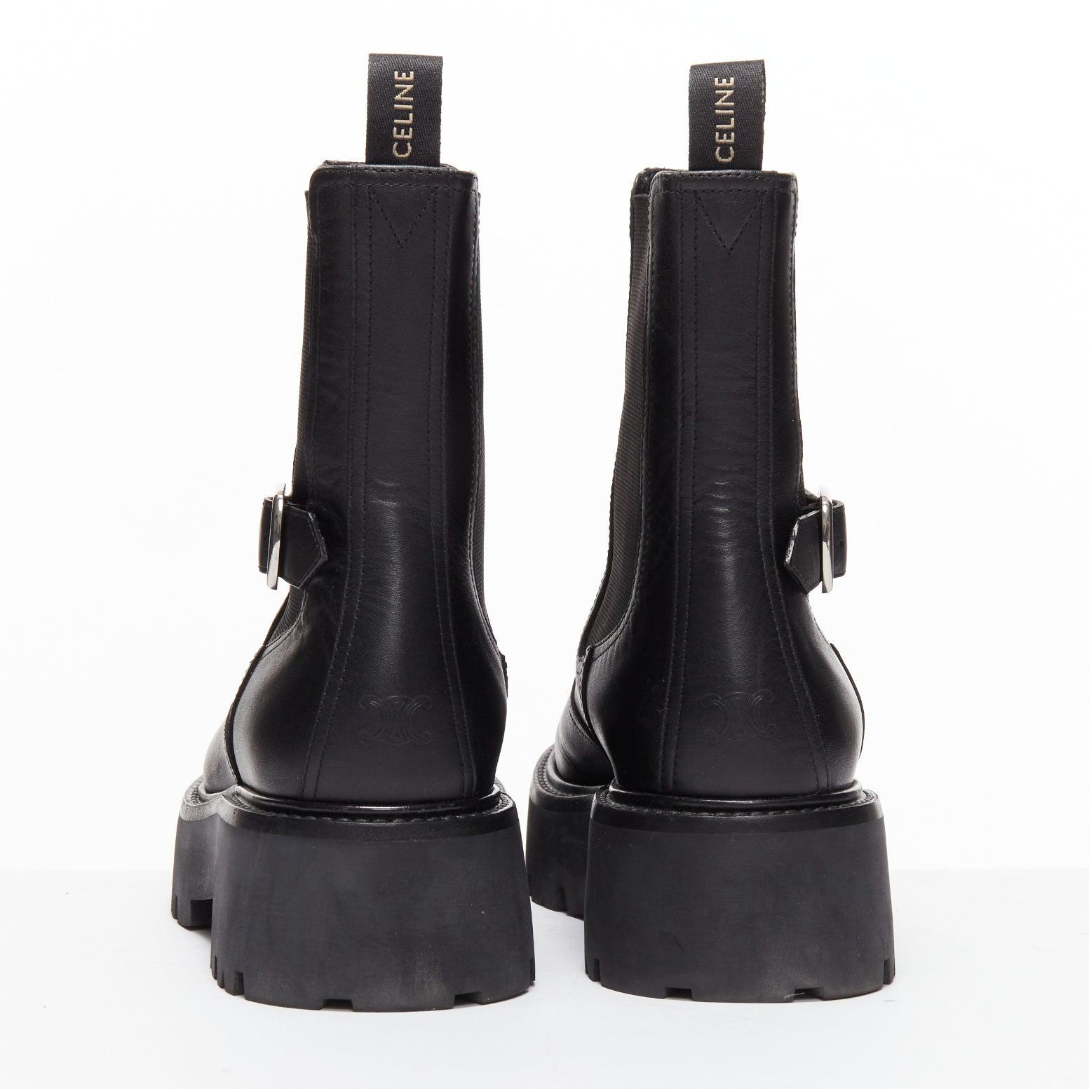 Women's CELINE 2022 Bulky Chelsea black calfskin leather buckles biker boots EU39 For Sale