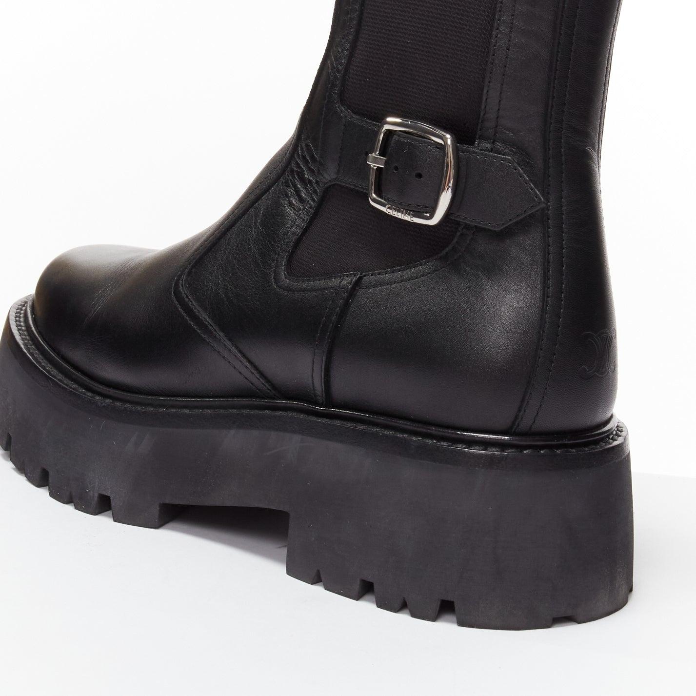 CELINE 2022 Bulky Chelsea black calfskin leather buckles biker boots EU39 For Sale 4