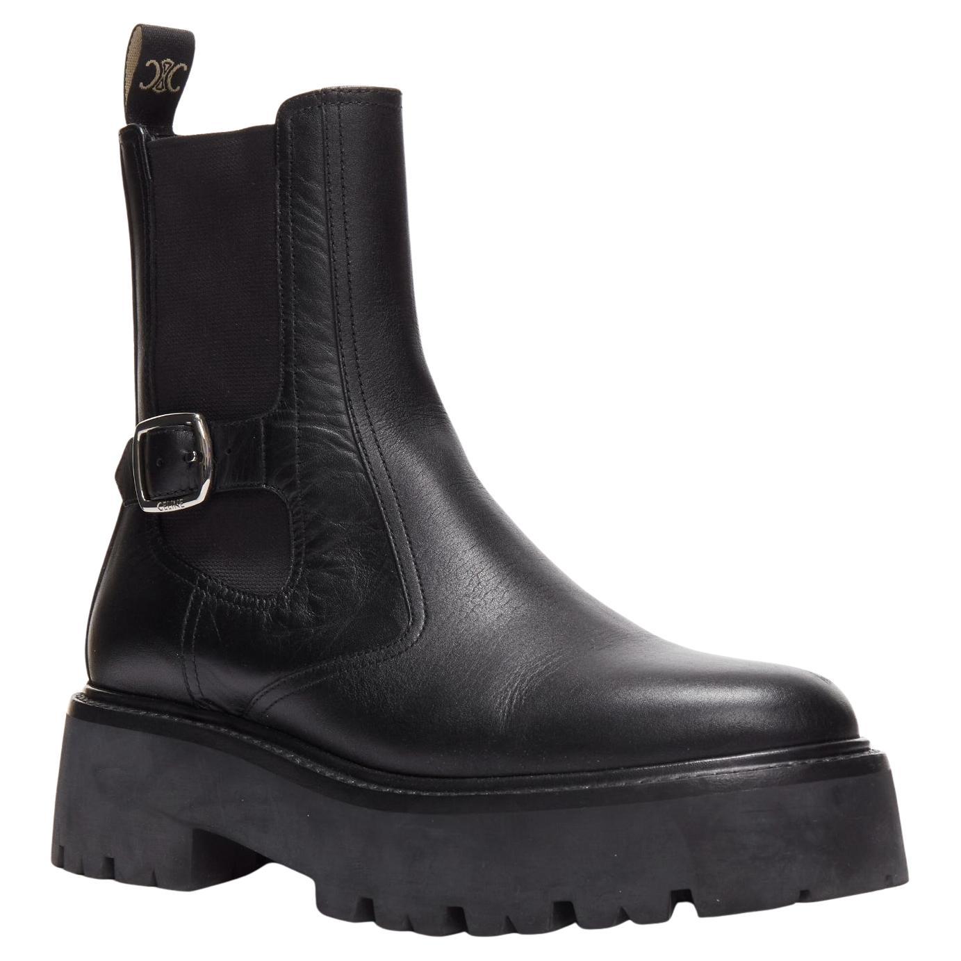 CELINE 2022 Bulky Chelsea black calfskin leather buckles biker boots EU39