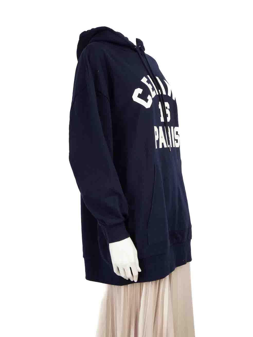 CONDITION is Very good. Hardly any visible wear to hoodie is evident. A very light mark on the right side elbow on this used Celinè designer resale item.
 
 
 
 Details
 
 
 2022
 
 Navy
 
 Cotton
 
 Hoodie
 
 Oversized fit
 
 Long sleeves
 
 Logo