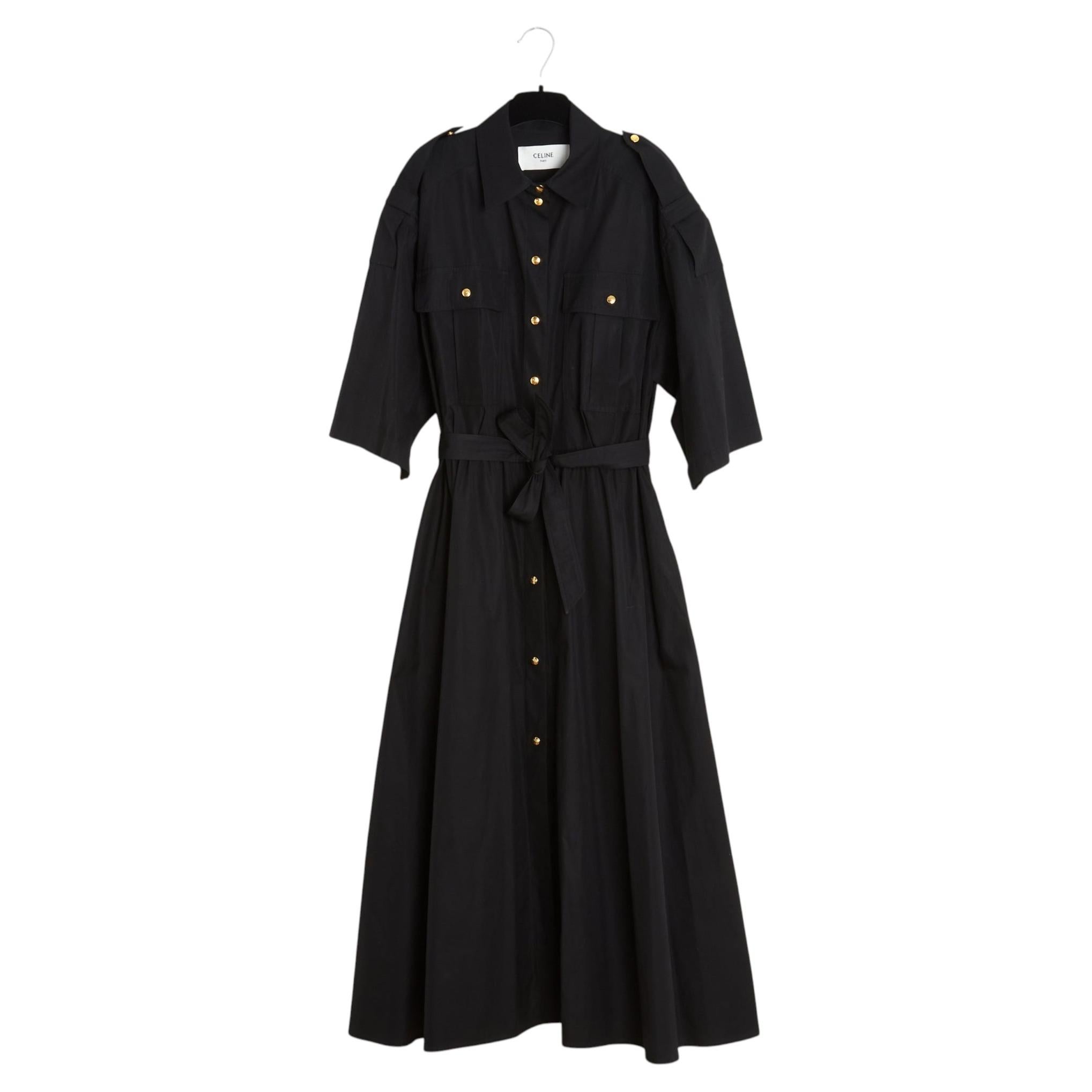 Celine 2022 Robe Triomphe FR40 Safari Black Poplin Maxi Dress UK12 US10 Céline For Sale