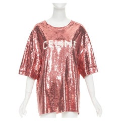 CELINE 2022 Runway rose pink white sequin logo oversized jersey tshirt M