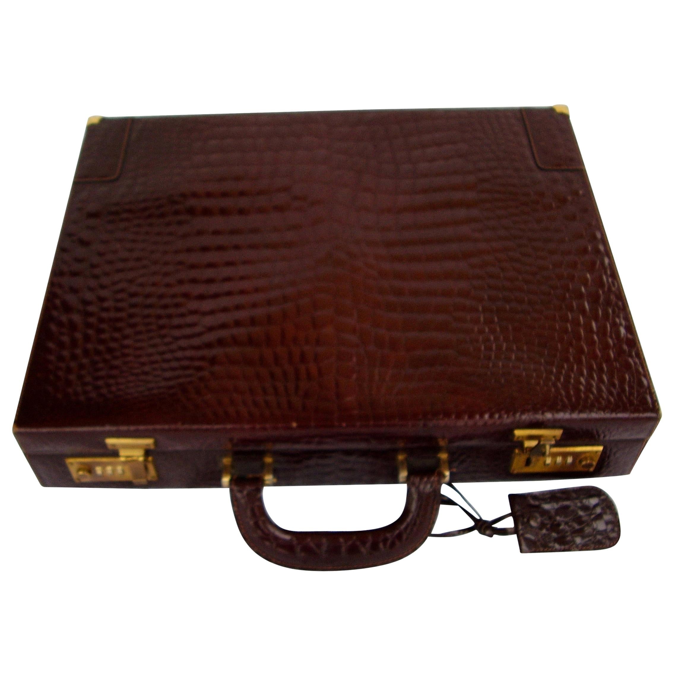 CÉLINE 24-hour Briefcase in Wild Burgundy Brown Crocodile Leather  For Sale