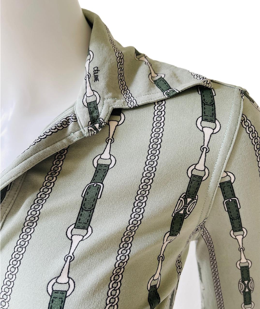 1970s Vintage Celine Shirt Green Silk Shirt with Triomphe Logo Small 1