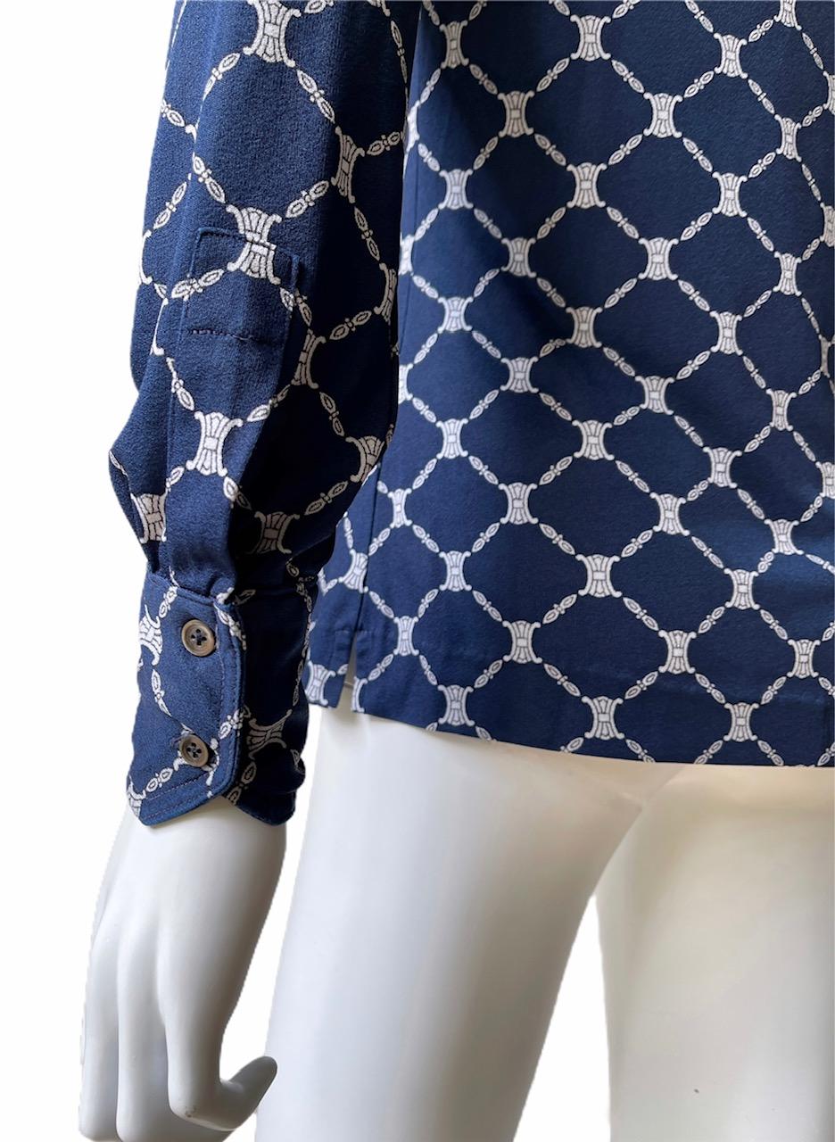 Black Celine 70's Silk Blue Shirt Triomphe Logo Size S/M
