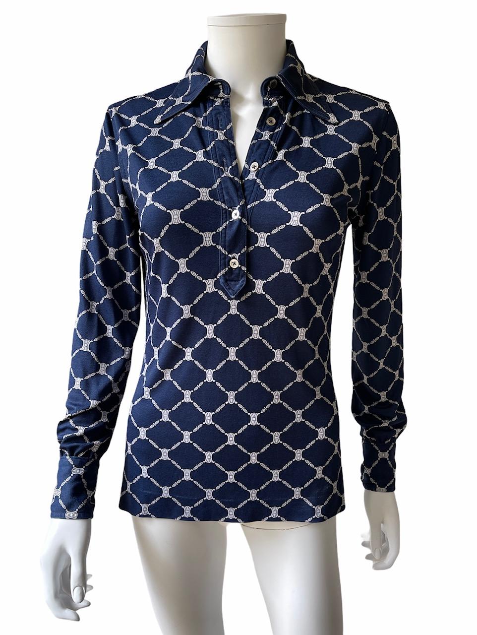 Women's Celine 70's Silk Blue Shirt Triomphe Logo Size S/M