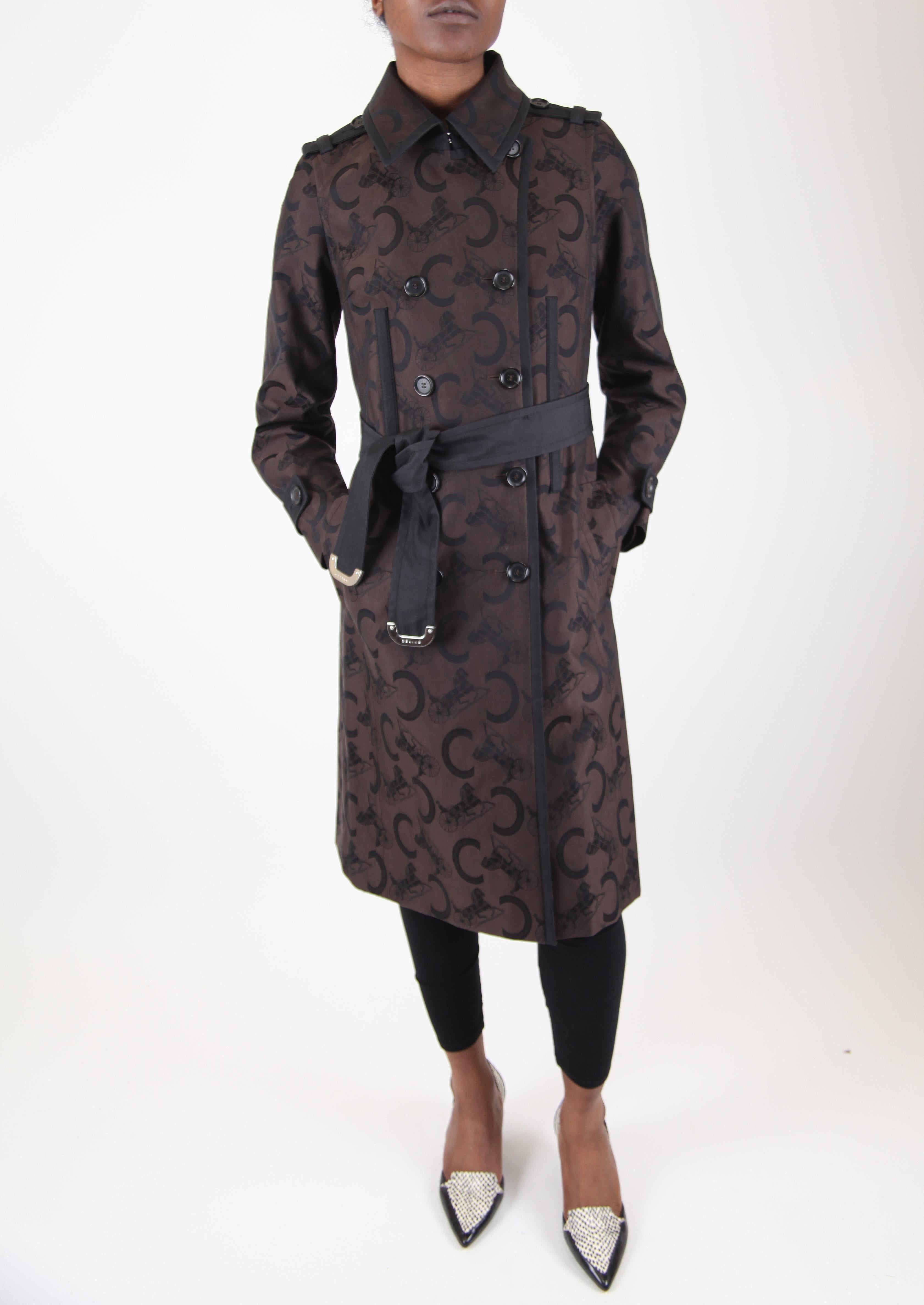 Black Celine 70s style chocolate and black logo print military trench coat, circa 2019 For Sale