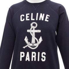 CELINE Anchor Pull à manches longues à imprimé logo en coton cachemire bleu marine XS