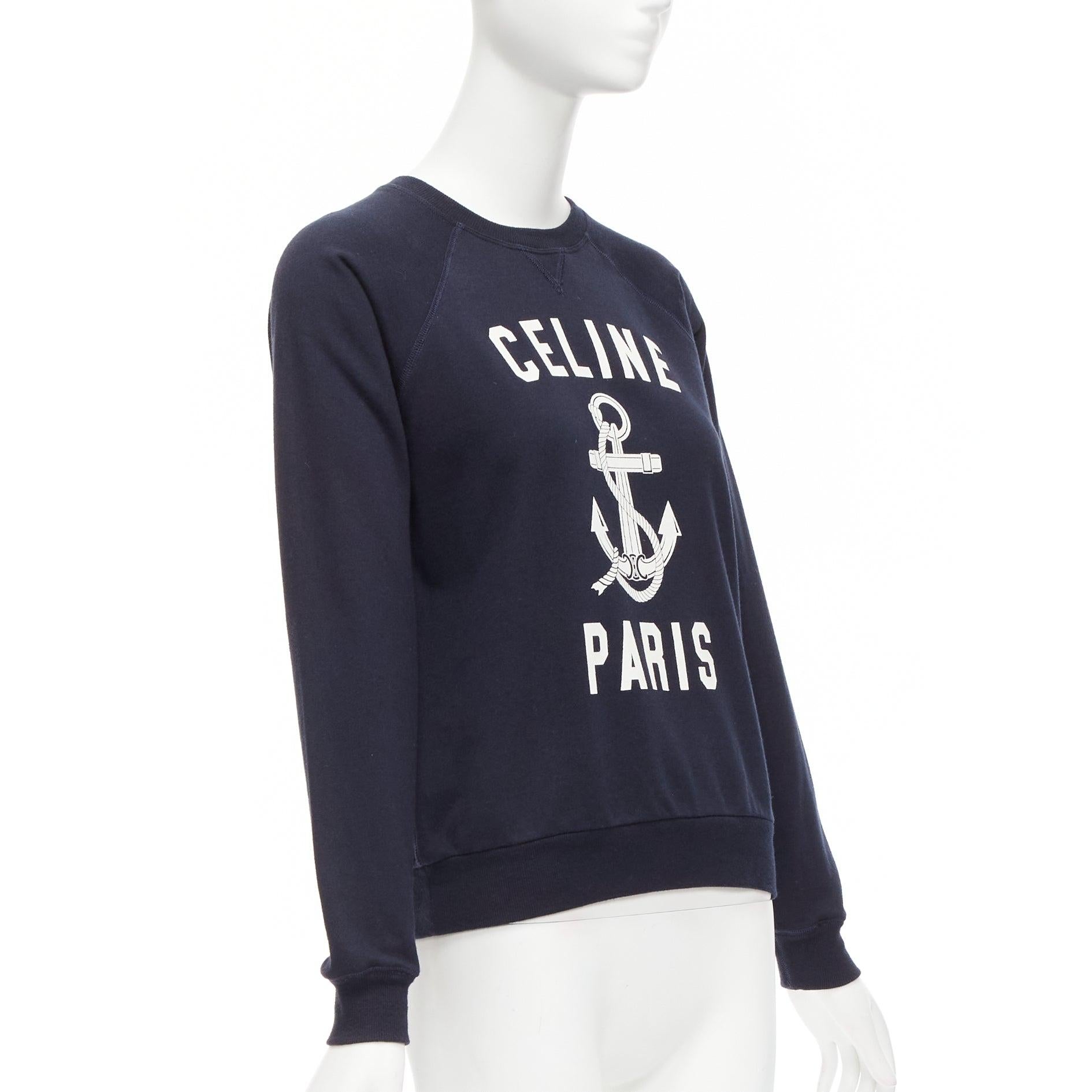 CELINE Anchor navy cotton cashmere logo print crew long sleeve sweatshirt XS In Fair Condition For Sale In Hong Kong, NT