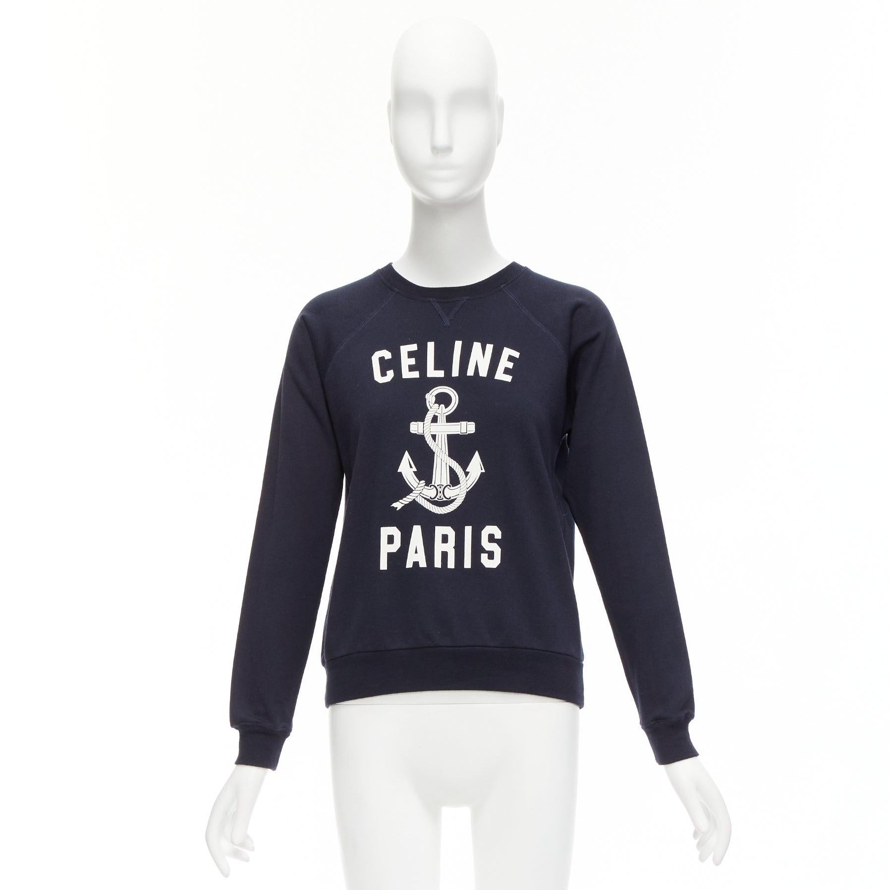 CELINE Anchor navy cotton cashmere logo print crew long sleeve sweatshirt XS For Sale 5
