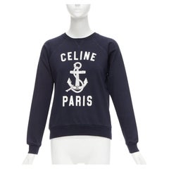 CELINE Anchor Pull à manches longues à imprimé logo en coton cachemire bleu marine XS