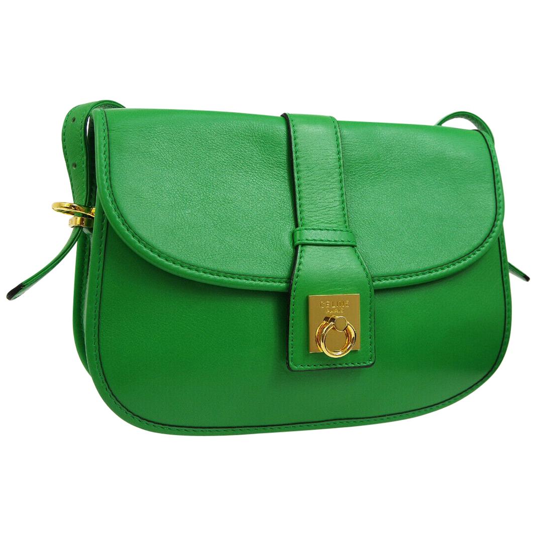 Celine Apple Green Leather Gold Toggle Saddle Shoulder Crossbody Flap Bag