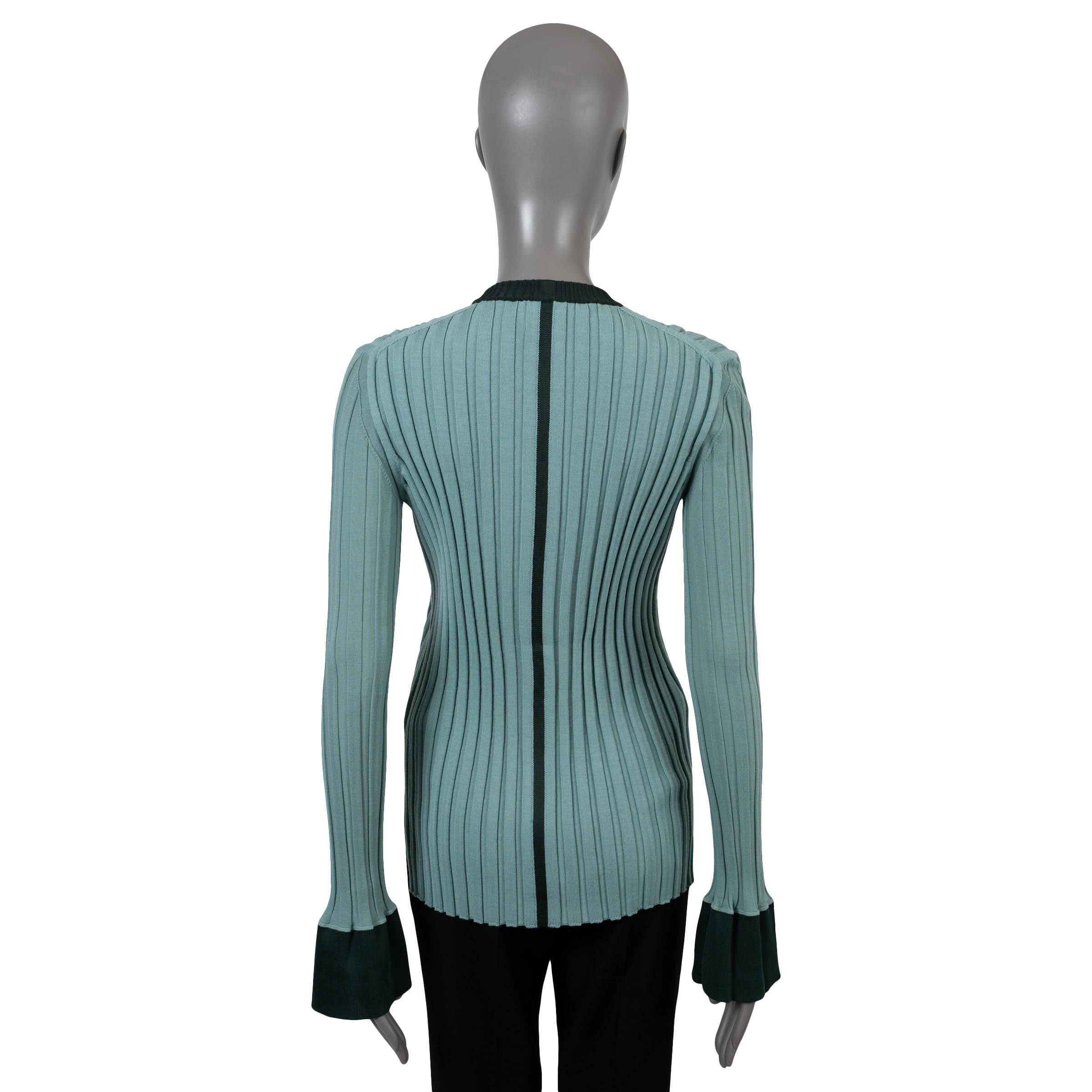 Gray CELINE aqua & bottle green wool 2015 BELL SLEEVE RIB-KNIT Sweater S For Sale