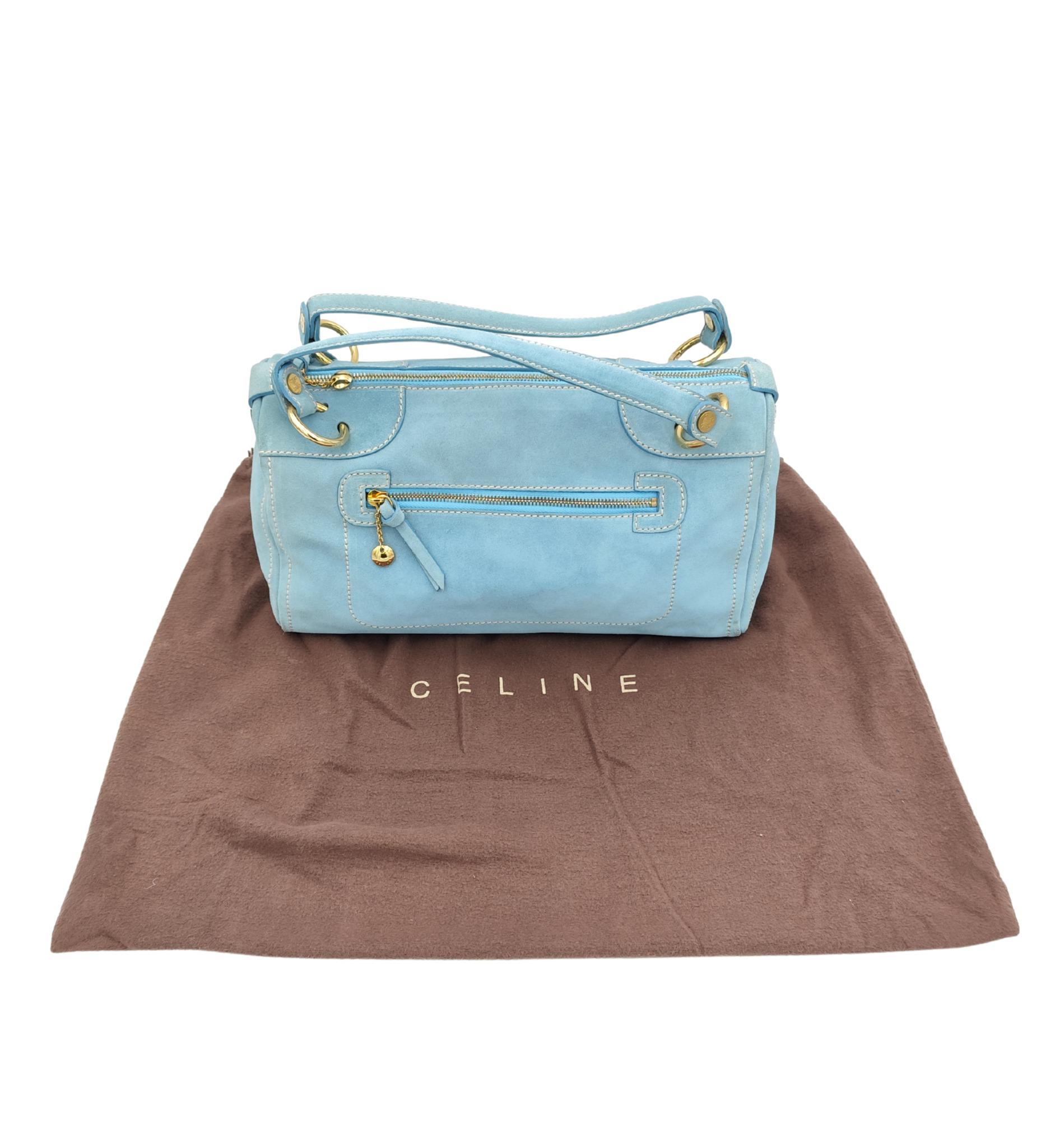 Sac bowling en daim bleu ciel de Celine en vente 13