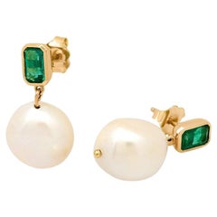 Celine Baroque Pearl Earrings 14k Solid Yellow Gold 0.5 Carat Zambian Emeralds