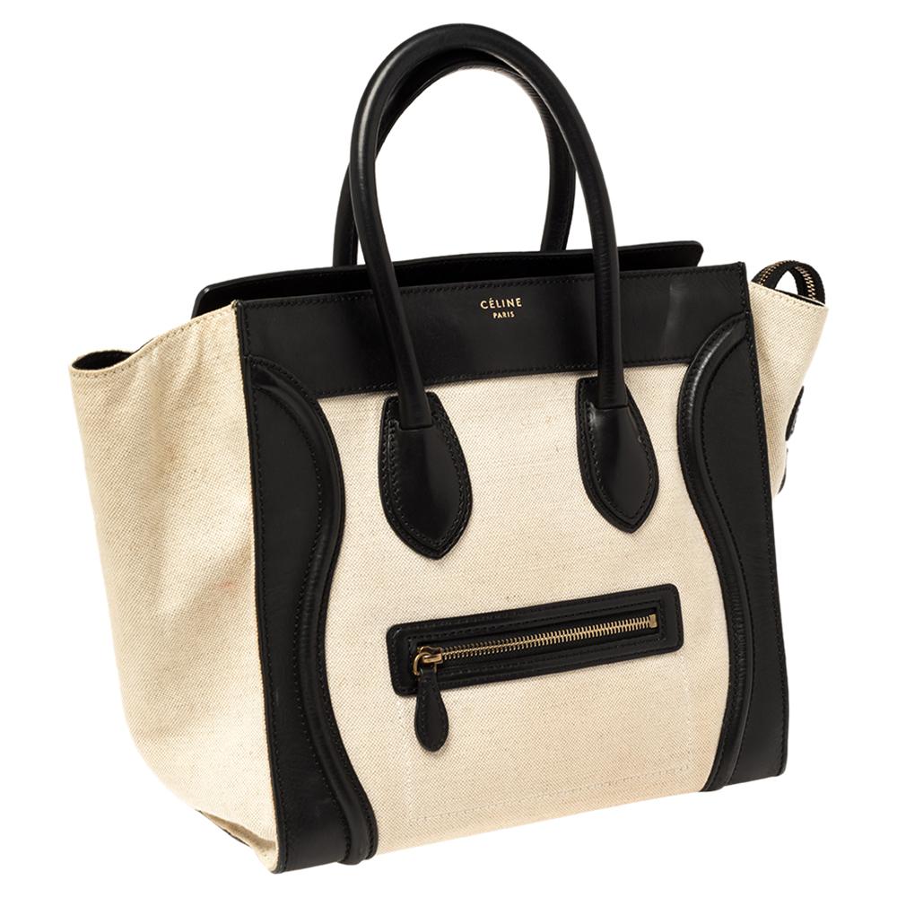Women's Celine Beige/Black Canvas and Leather Mini Luggage Tote