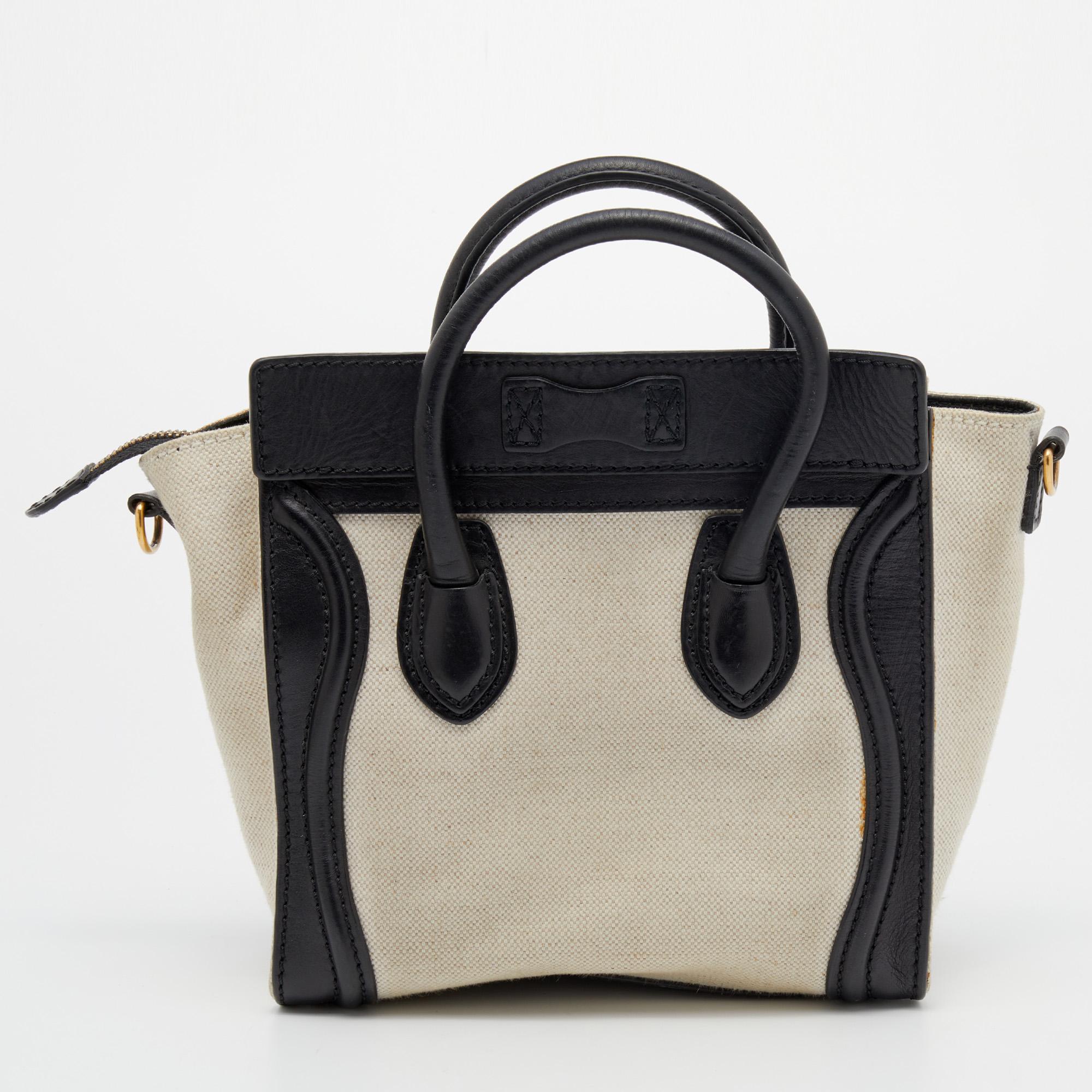 The Nano Luggage tote from Celine is one of the most popular handbags in the fashion world. This structured tote is crafted from leather and canvas and is designed in beige-black shades. It comes with dual top handles, a detachable shoulder strap,