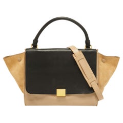 Celine Beige/Black Leather and Suede Medium Trapeze Top Handle Bag