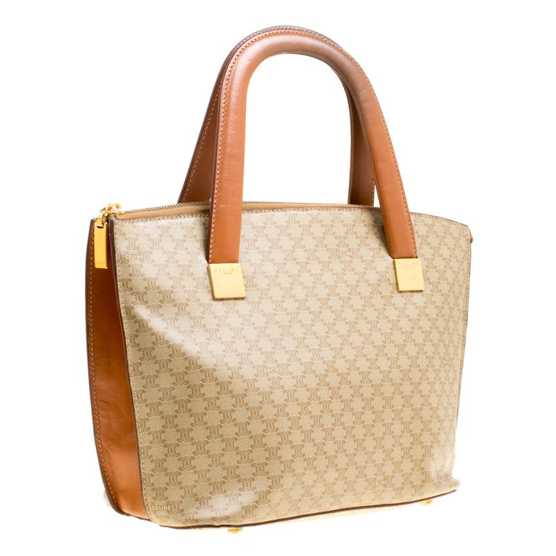 Celine Beige/Brown Coated Canvas and Leather Macadam Zip Tote 4