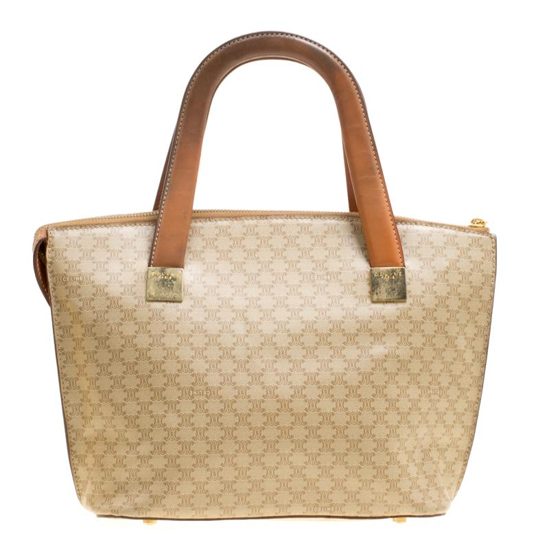 Celine Beige/Brown Coated Canvas and Leather Macadam Zip Tote